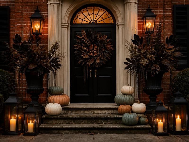 Illustrative image: brick Georgian entry at dusk with black urns, heirloom pumpkins on stone steps, glowing lanterns and a dark botanical wreath