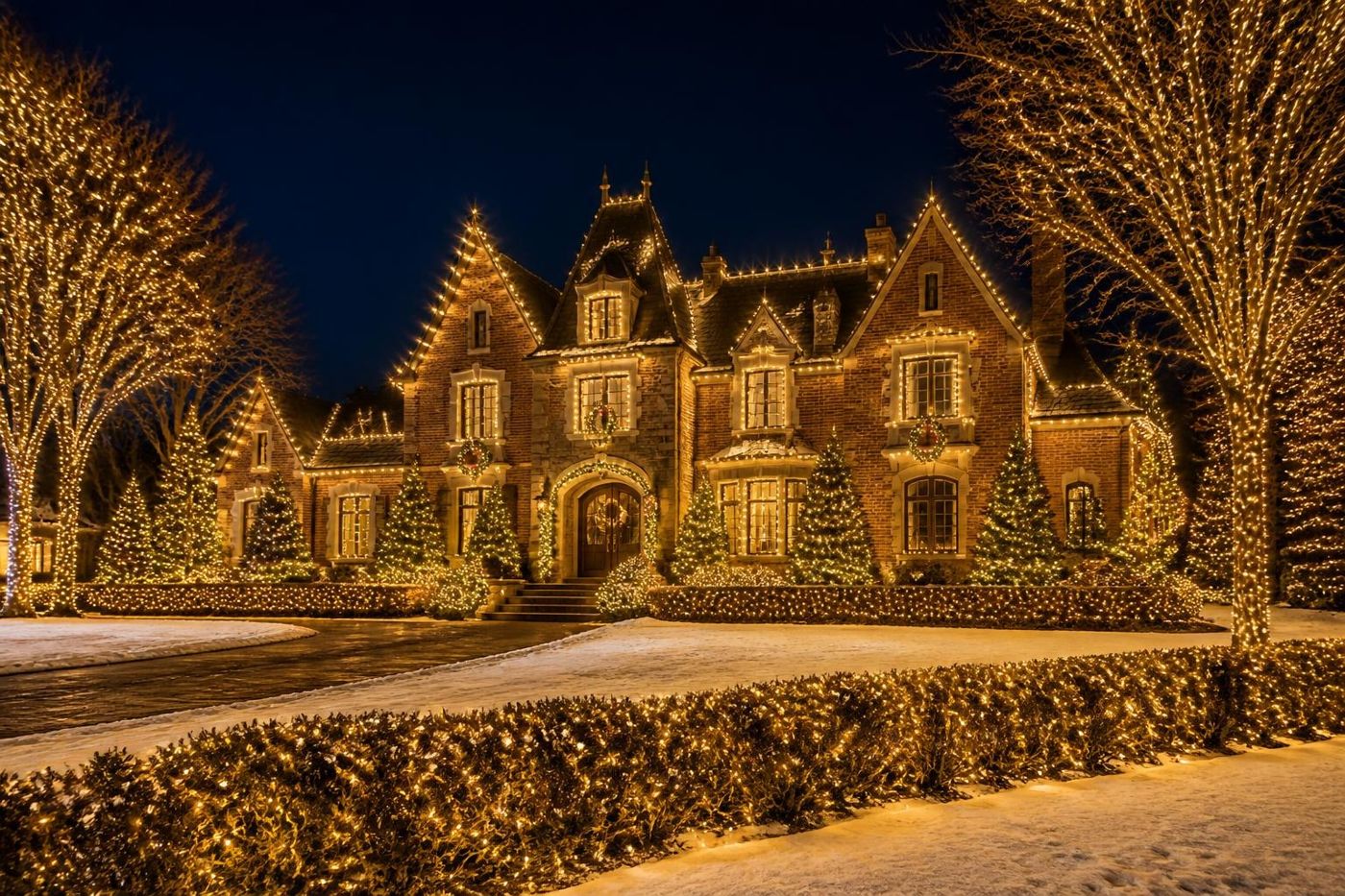 Brick and limestone French-chateau-style estate at night, its gables, turret and windows outlined in warm-white Christmas lights, with light-wrapped trees, lit evergreens and hedges in the snow